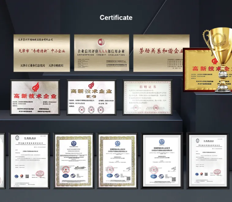 A display of multiple framed business certificates, plaques, and a golden trophy