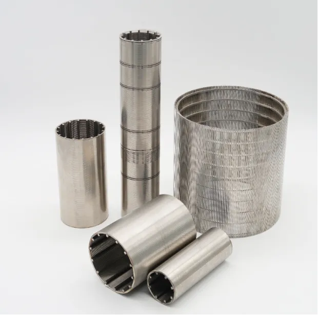 Assorted cylindrical stainless steel wedge wire screen tubes.