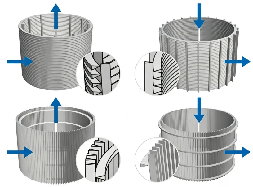 Diagrams showing flow directions of cylindrical wedge wire screens.