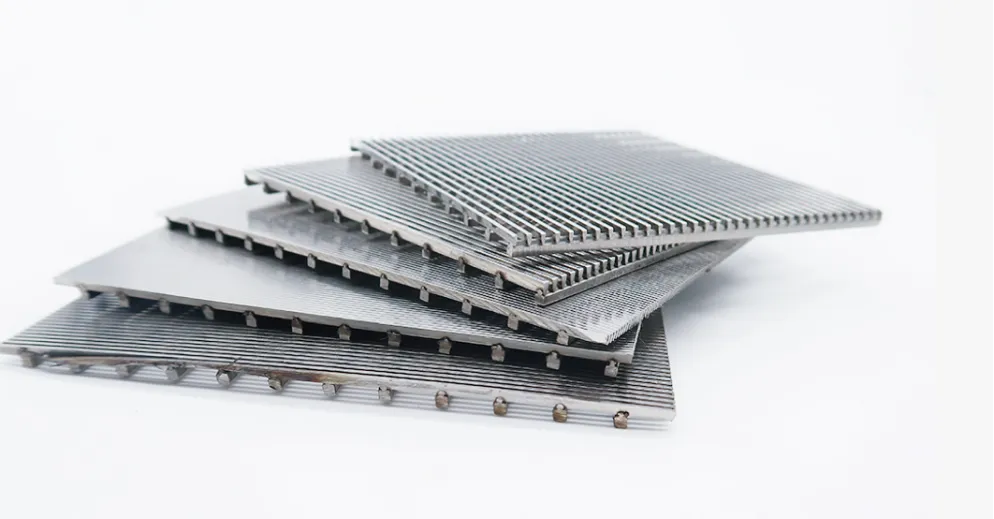 Stacked flat stainless steel wedge wire screen panels.