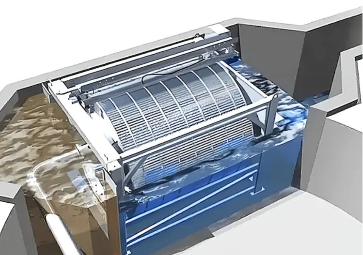 Wedge wire screen cylindrical element operating in an industrial wastewater filtration system